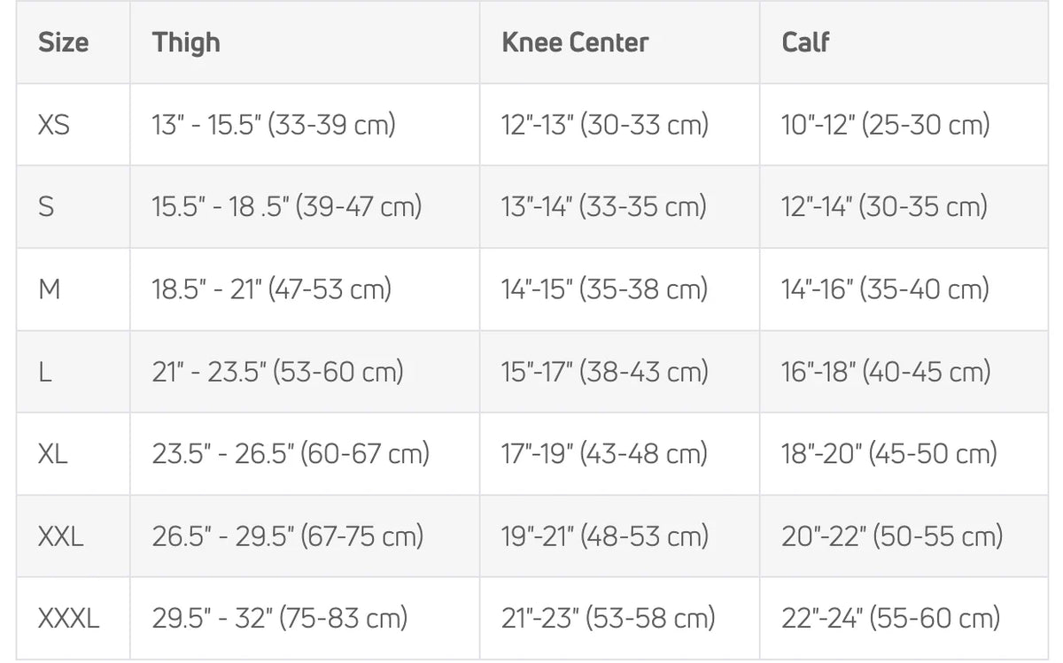 Size Chart – DonJoy Playmaker II Knee Brace